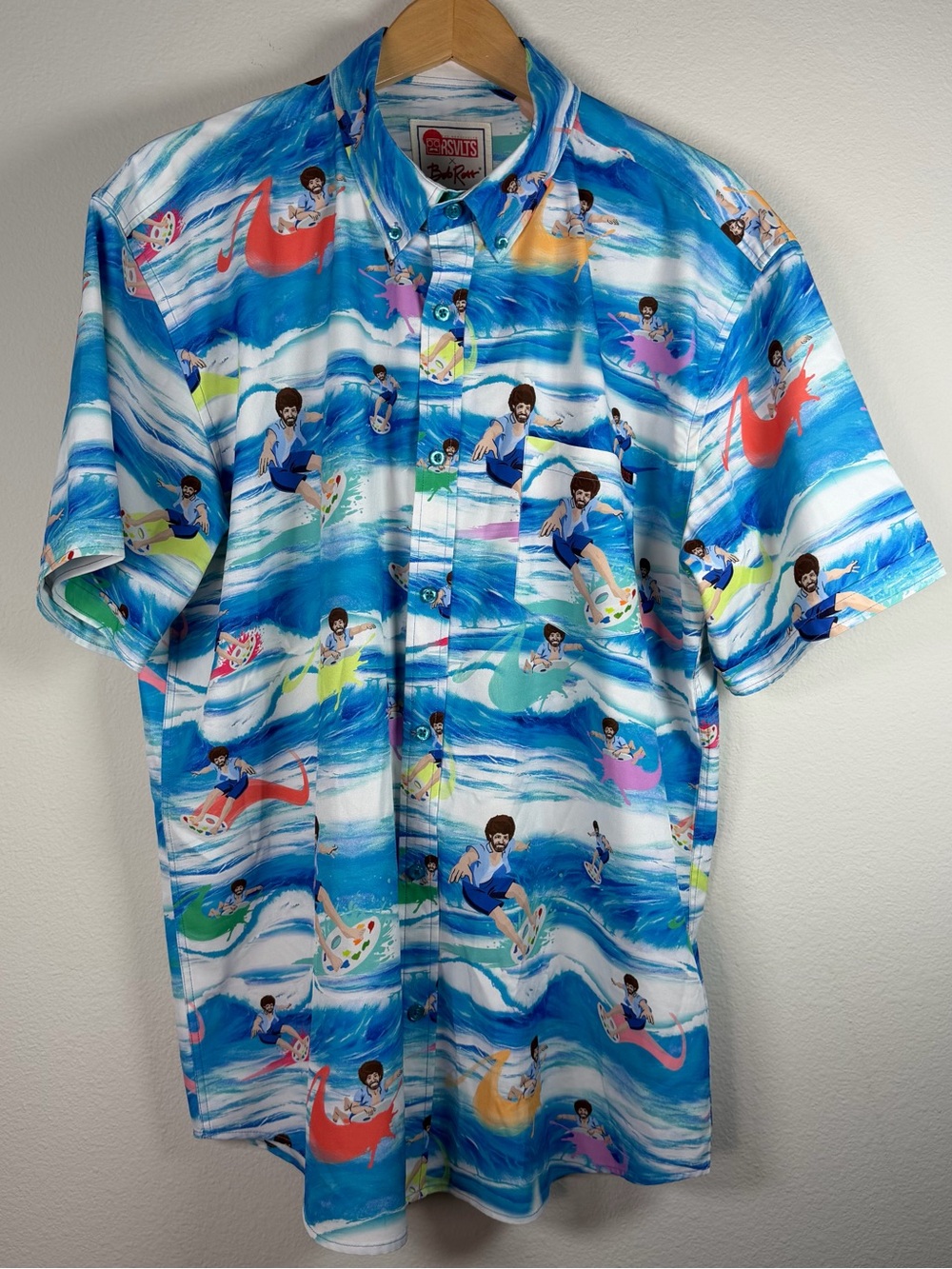 RSVLTS Bob Ross Surfs Up Paint Palette Blue Wave Kunuflex Shirt Mens XL